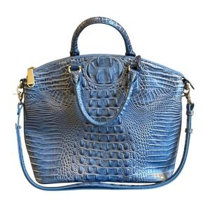 Brahmin Womens Large Duxbury Satchel Purse Blue Gold Metallic Croc Embossed
